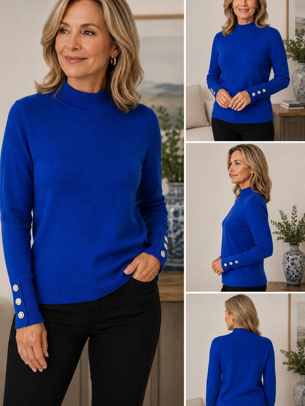 Tahari Royal Blue Mock Neck Sweater XS Crystal Button Cuffs Stretch Knit Elegant